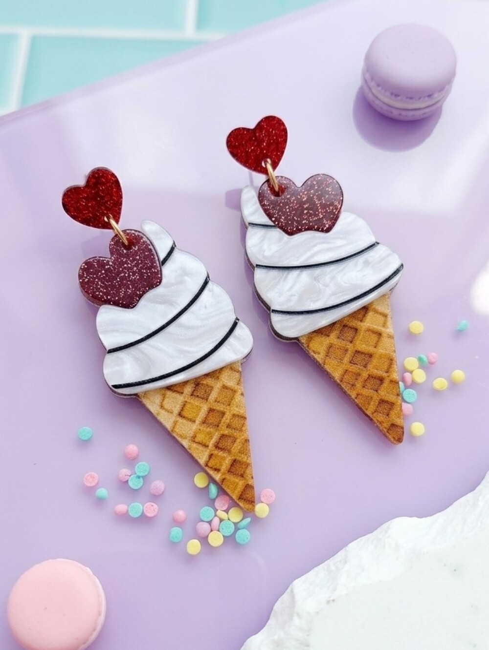 Ice Cream Cone Dangle Earrings Red Glitter Heart Acrylic Kawaii Summer Y2K 2.4in - Picture 7 of 16